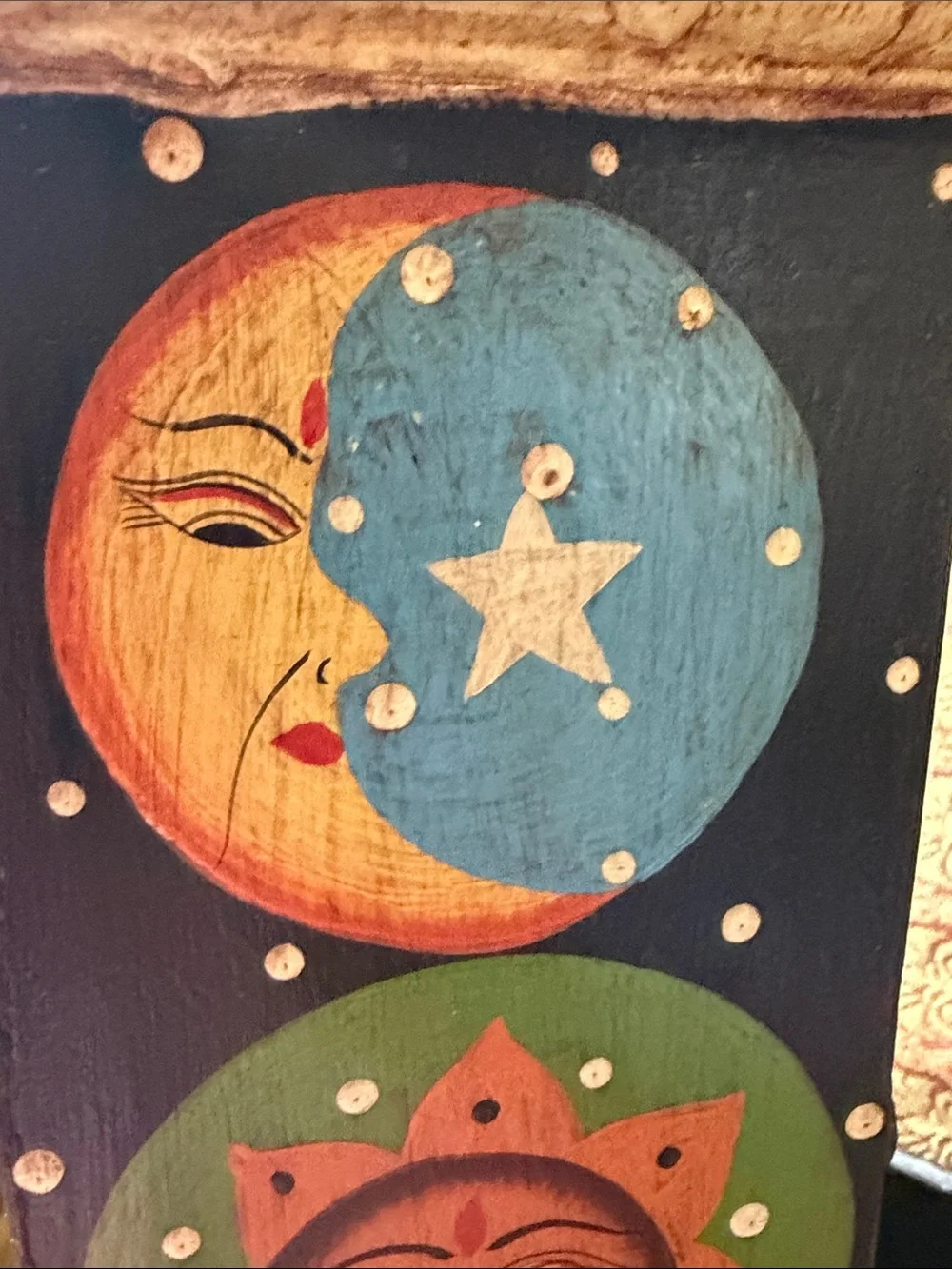 Hand-Painted Bohemian Vintage Wooden Jewelry Cabinet with Sun & Moon